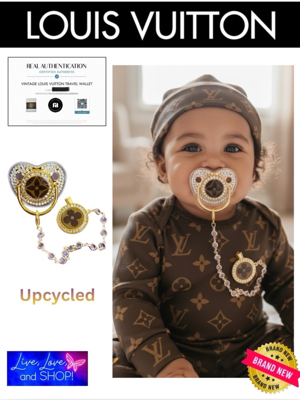 LOUIS VUITTON Monogram Upcycled Gold & Rhinestones Pacifier w/Clip,COA